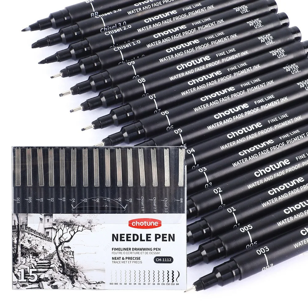 Correction Pen Fine - أقلام صغيرة سوداء، 15 مقاسًا، حبر